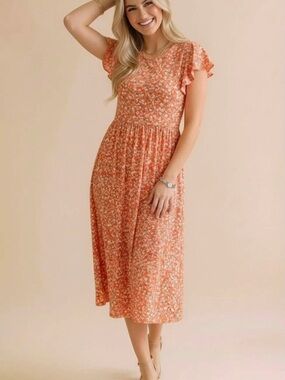 Smocked Bodice Orange Floral Midi Dress with Flutter Sleeves